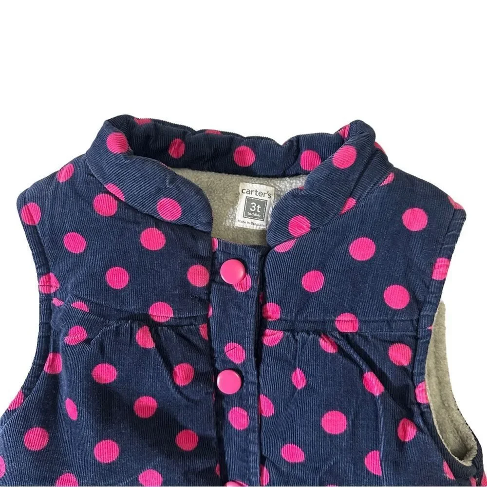 Carter's Navy Corduroy Fleece Lined Vest With Pink Polka Dots Size 3T